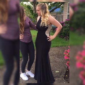 XSCape black with gold prom dress